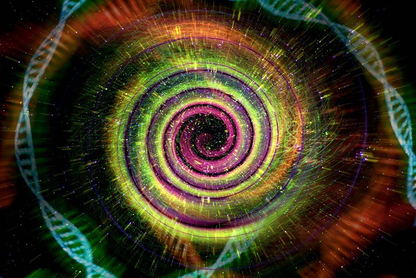 Abstrakt illustration av en färgglad spiral med DNA-strängar och ljuspartiklar