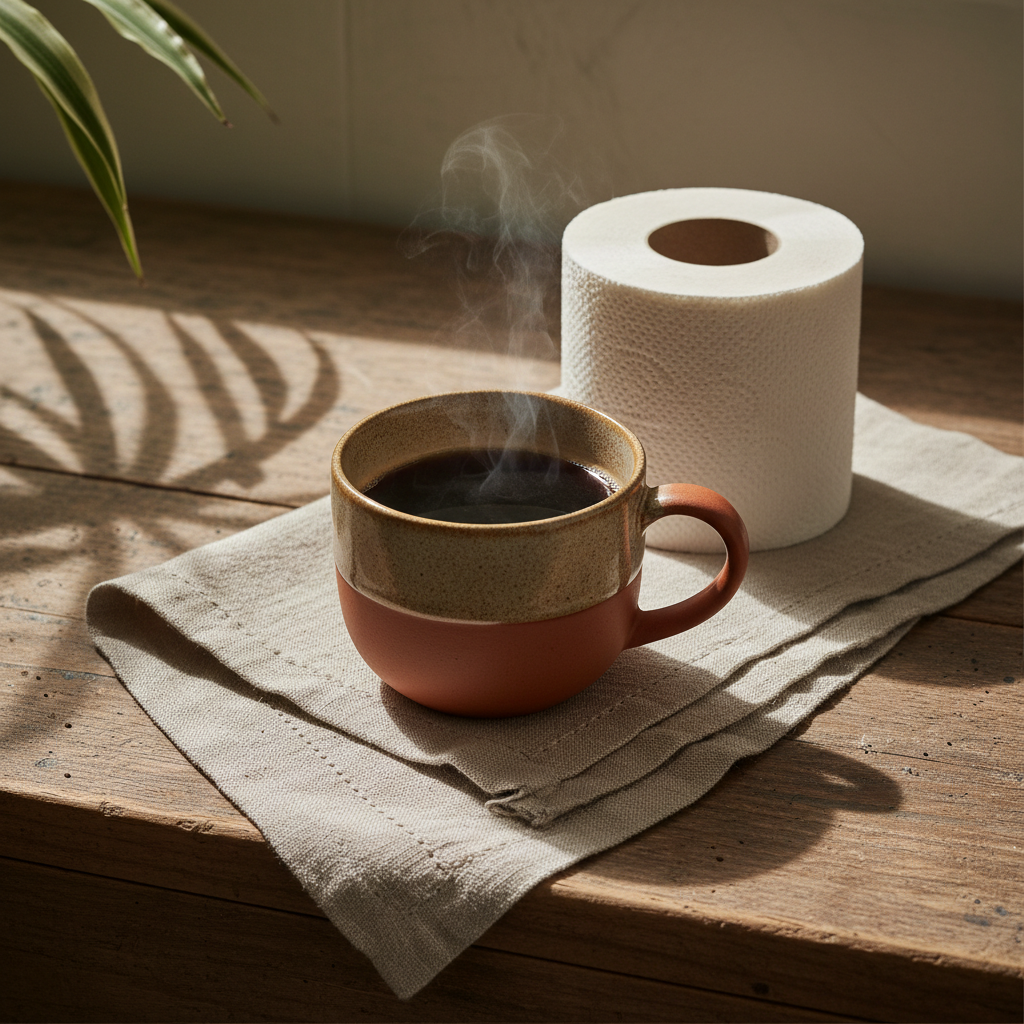 ångande kaffe i mugg och toalettrulle på träbord i solljus