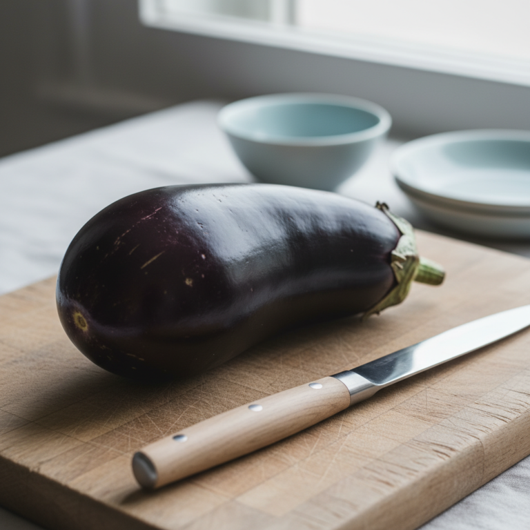 En aubergine och en kniv ligger på en skärbräda