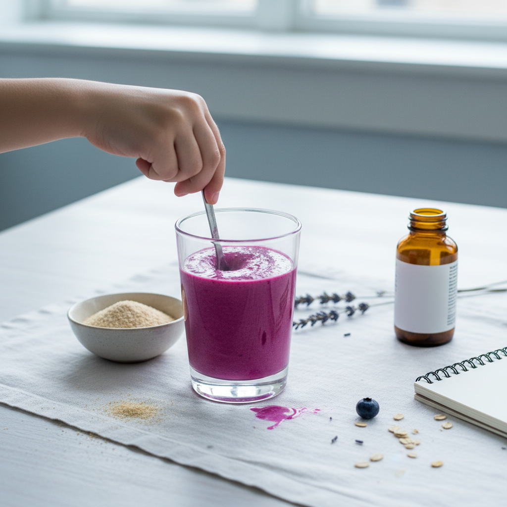 Barnhand i bild rör om lila smoothie med sked på bord