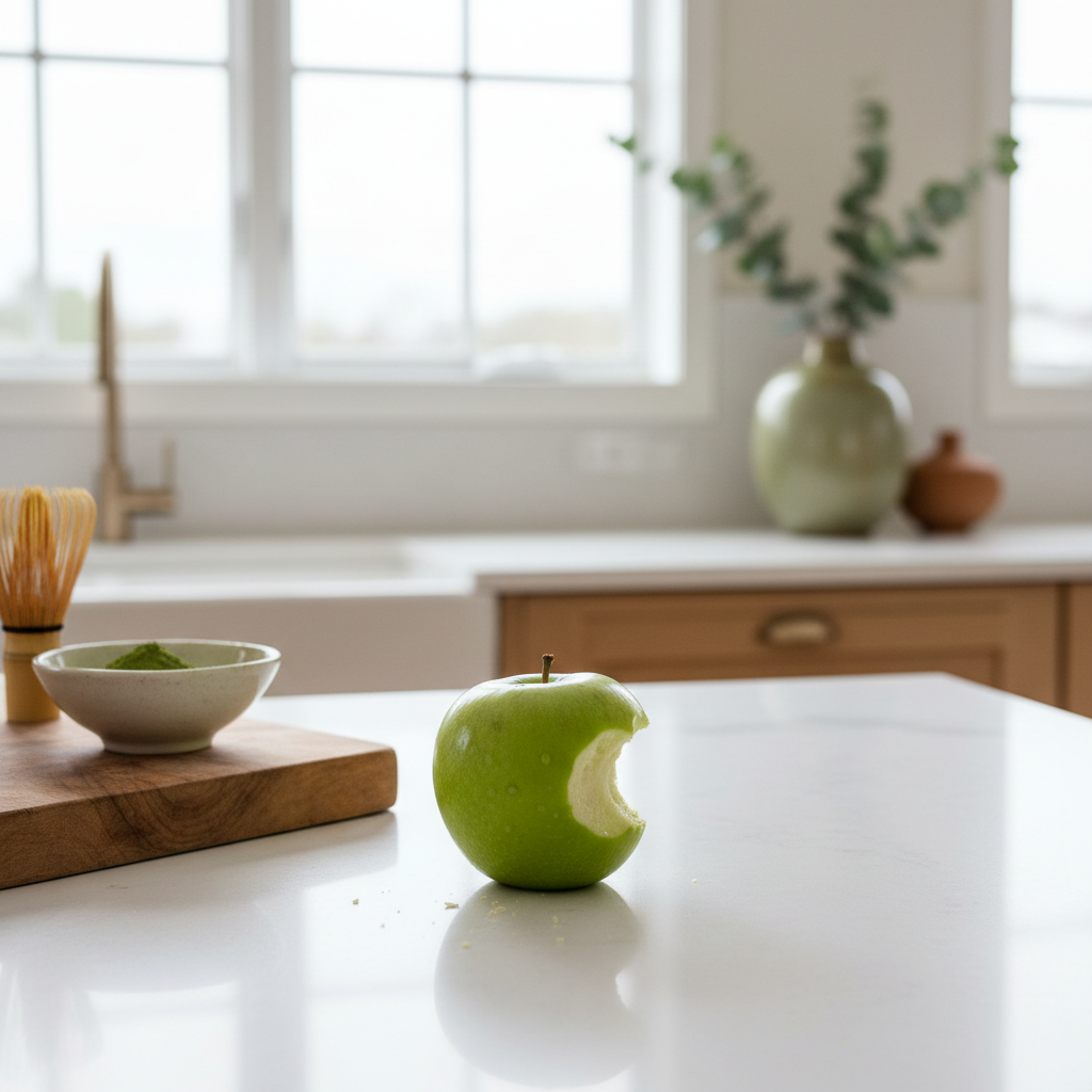En biten grön äpple på en köksbänk bredvid en skål med matchapulver
