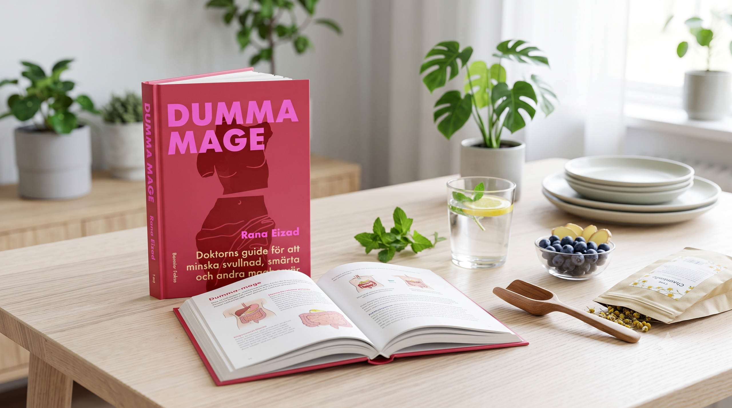 Bok om "Dumma mage" och öppen bok med illustrationer på ett träbord