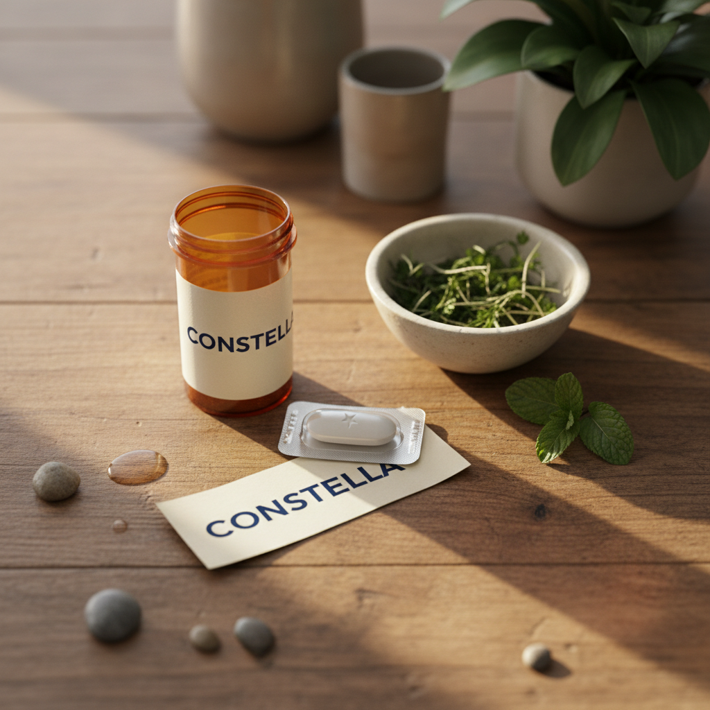Constella-medicin i burk och blisterförpackning på träbord med örter och stenar