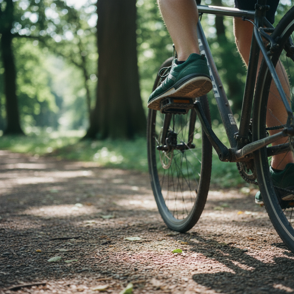 Rumpan på en cyklist som står stilla på en grusväg i skogen