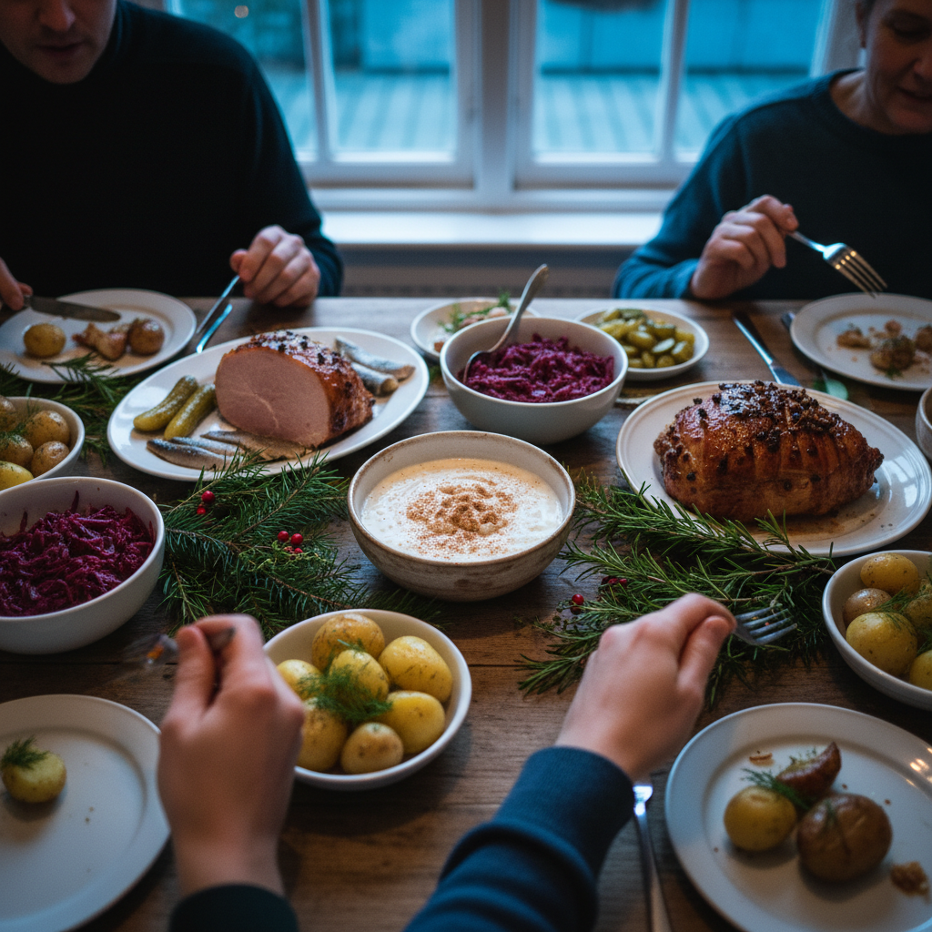 En familj äter julmat med julskinka