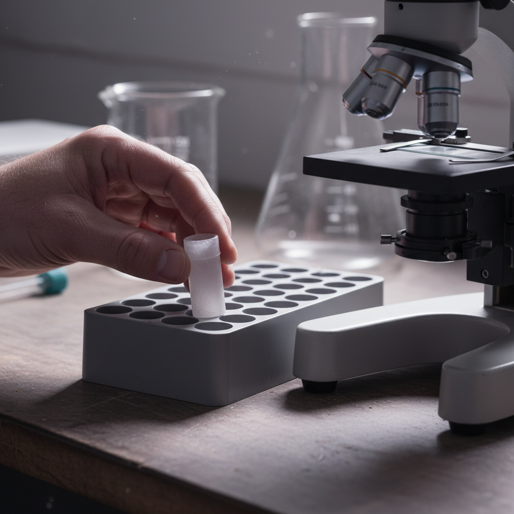 Hand placerar provrör i ställ nära mikroskop och bägare i laboratorium