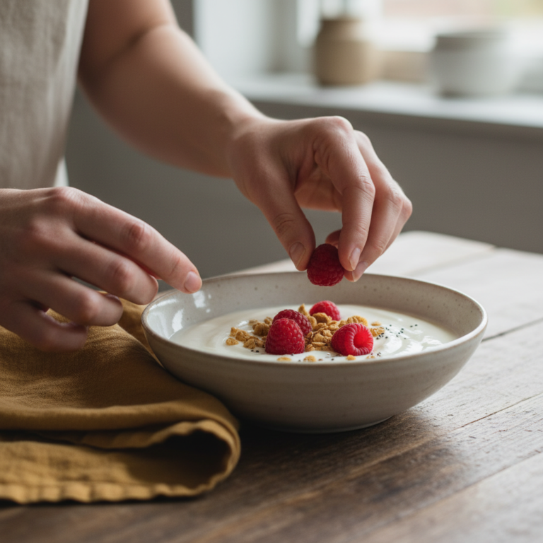 Händer lägger hallon på en skål med yoghurt