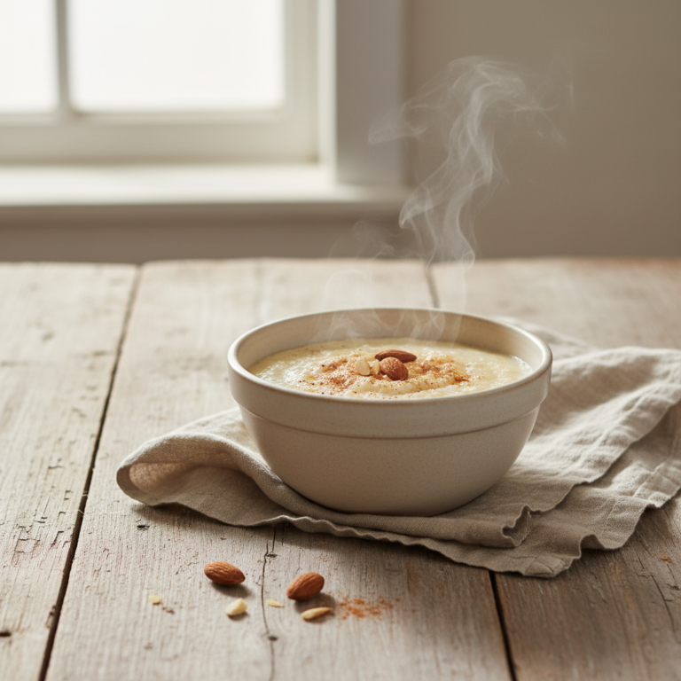 Rykande het mannagrynsgröt i beige skål med kanel och mandlar på rustikt träbord