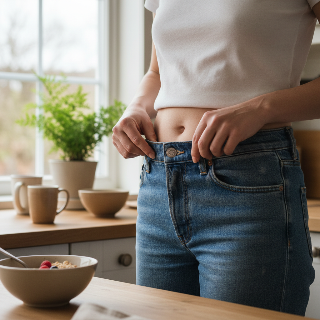 En kvinna provar jeans som är för trånga