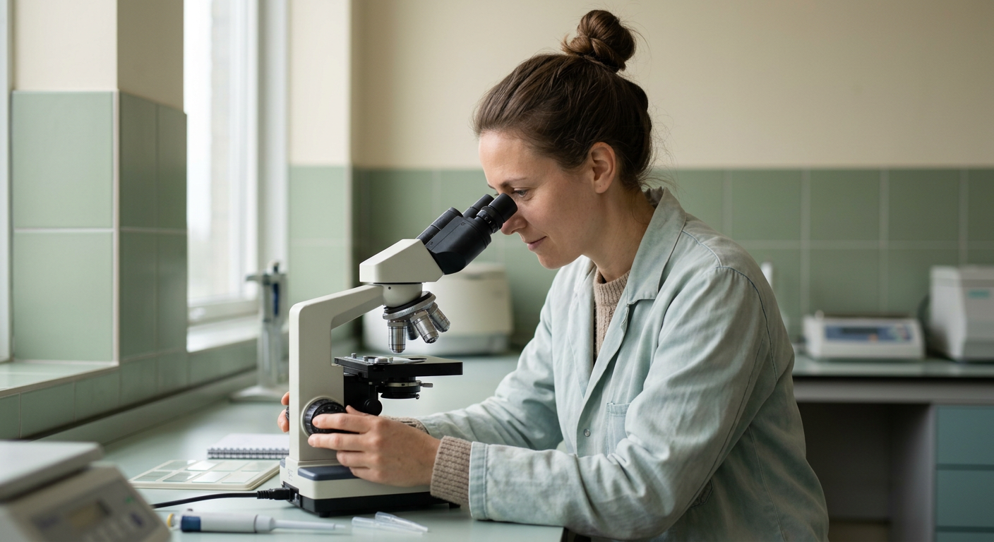 En kvinna i labbrock tittar i ett mikroskop i ett laboratorium