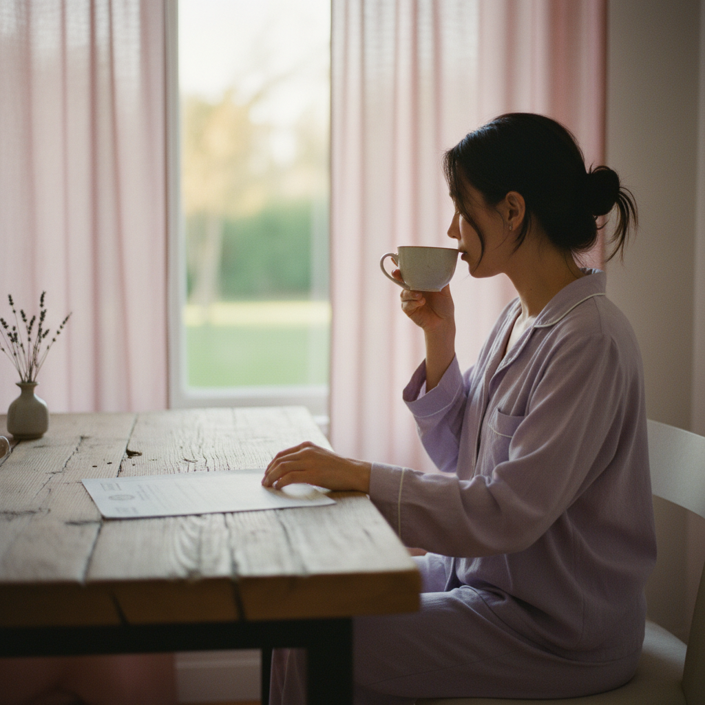 Kvinna i pyjamas dricker te vid ett bord med papper