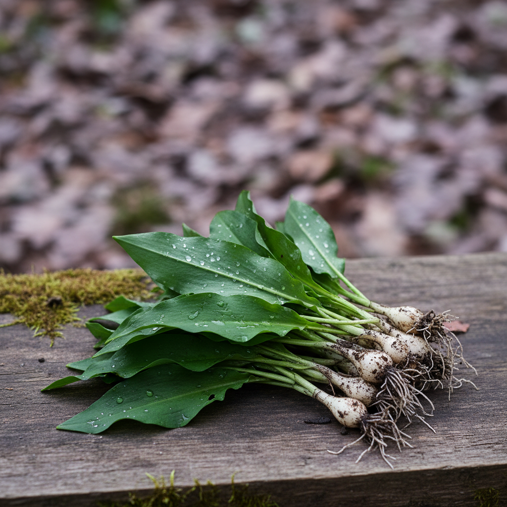 Nyplockad ramslök med gröna blad och vita lökar med jord på träyta