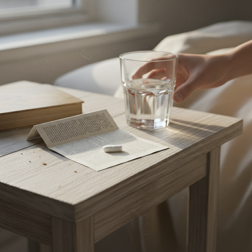En hand tar ett glas vatten bredvid en piller och instruktioner på ett bord