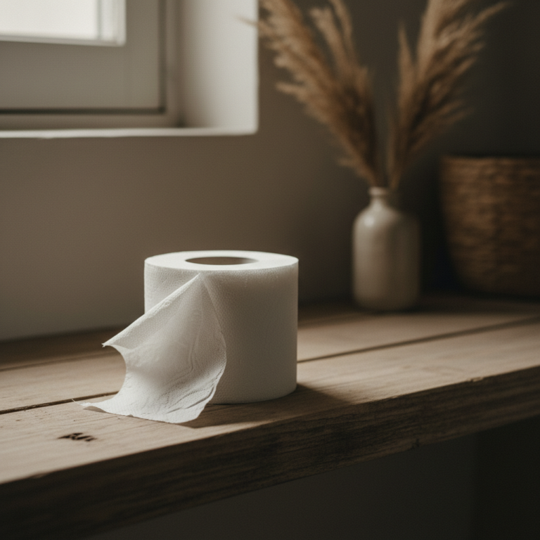 Toalettpappersrulle på trähylla framför fönster och vas med torra växter