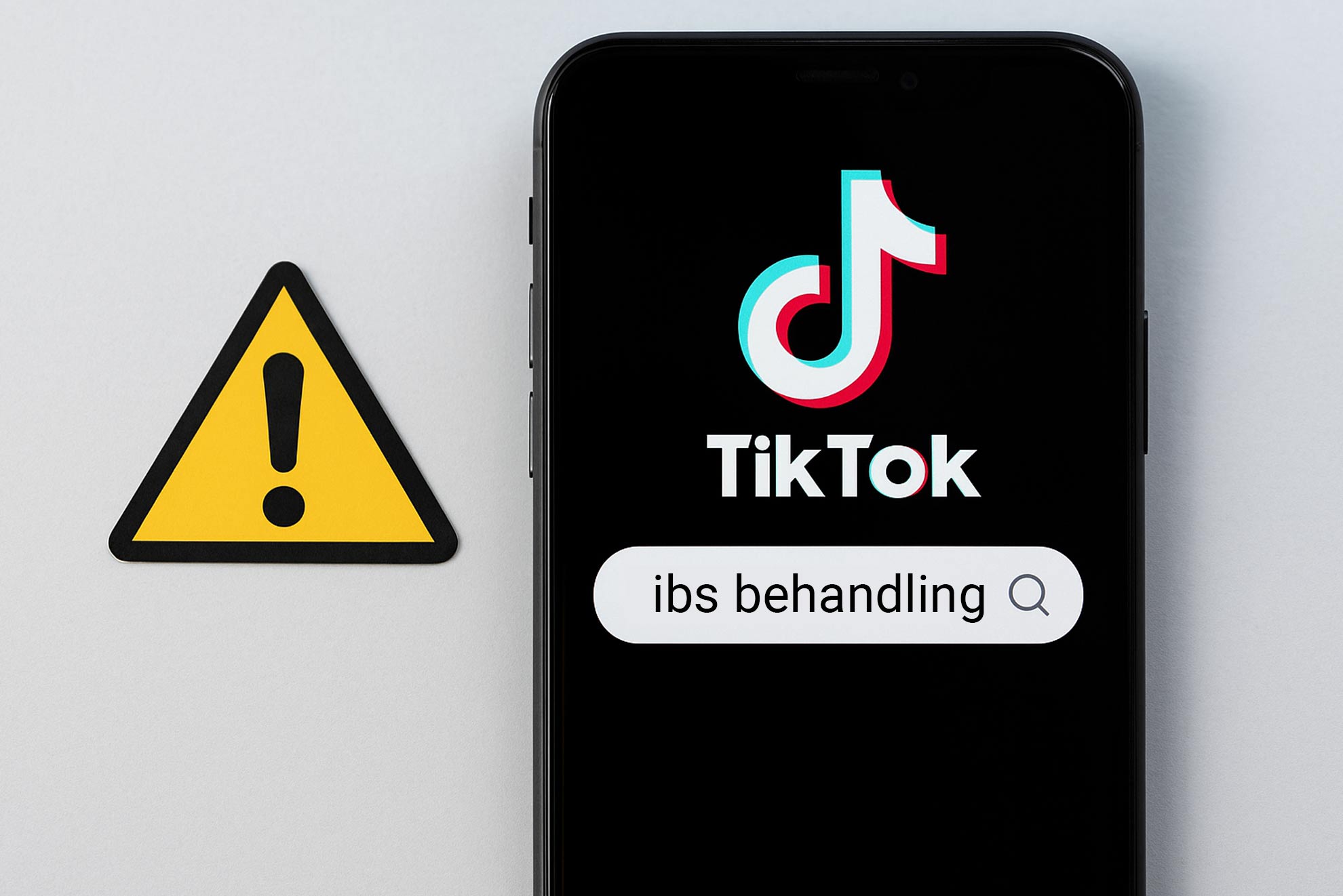 Symbol för varning och mobiltelefon med TikTok-app och sökning på "ibs behandling"