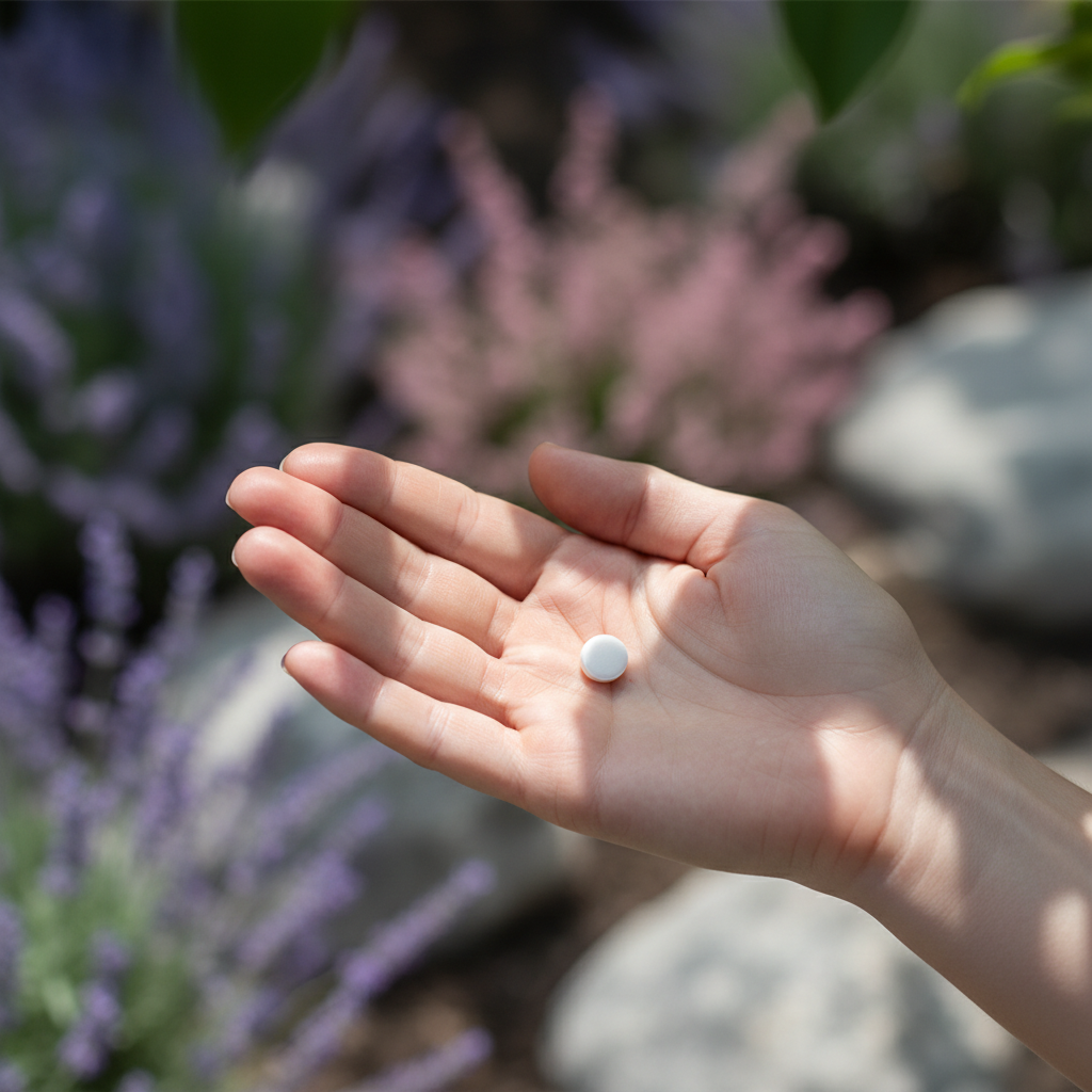 En vit tablett vilar i en öppen handflata med lila blommor i bakgrunden
