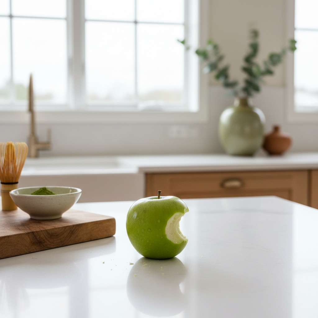 En biten grön äpple på en köksbänk bredvid en skål med matchapulver