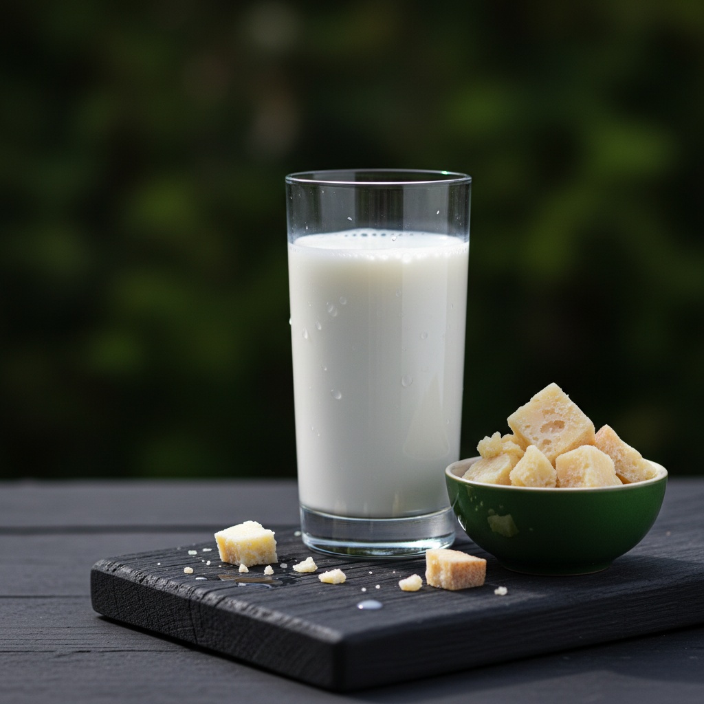 Ett glas mjölk och en skål med parmesanost på en träyta utomhus