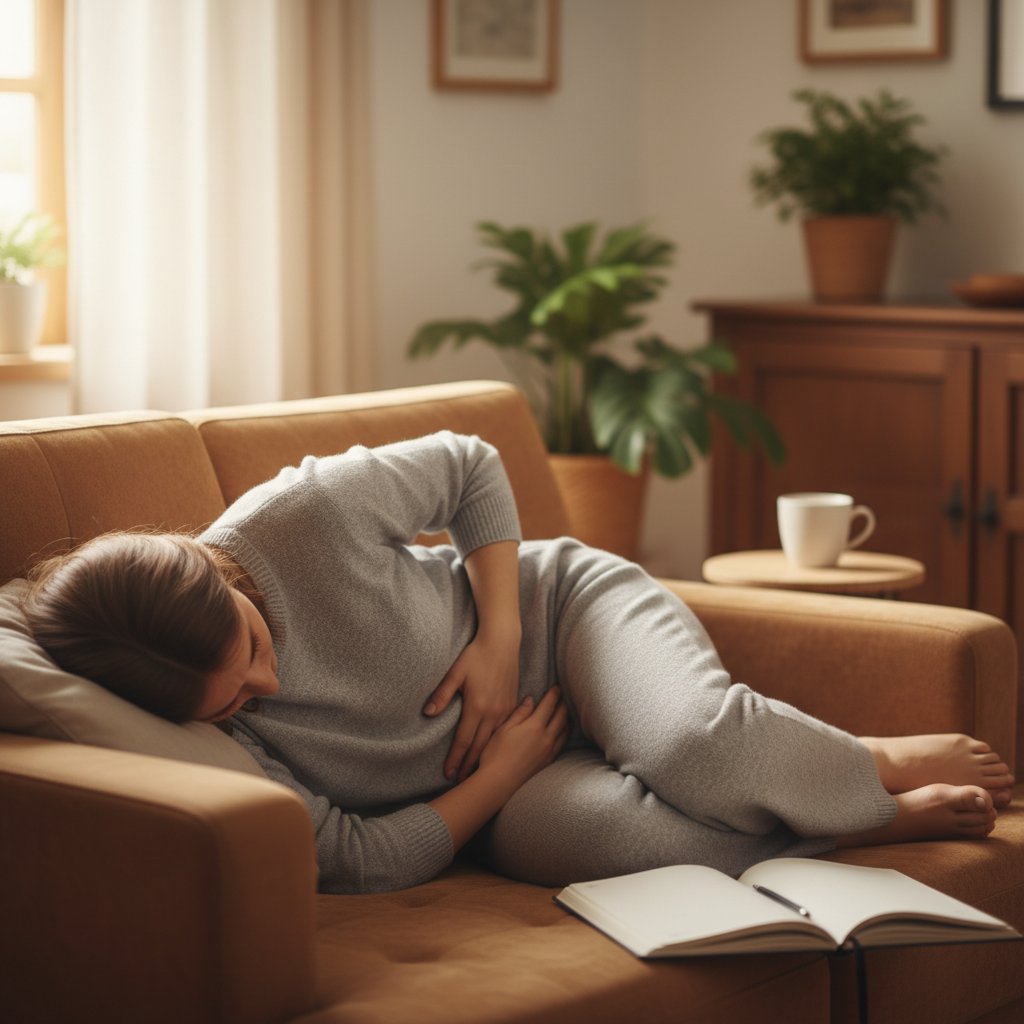 Kvinna ligger på soffa med händerna på magen